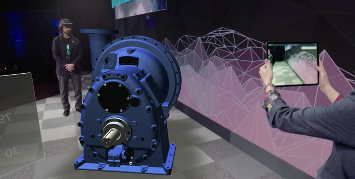 tcrawford's tweet photo. This is an example of @PTC using a #MixedReality experience with and without #Halolens2 in a collaborative way. #MWC19 https://t.co/Fks9lRoj7H