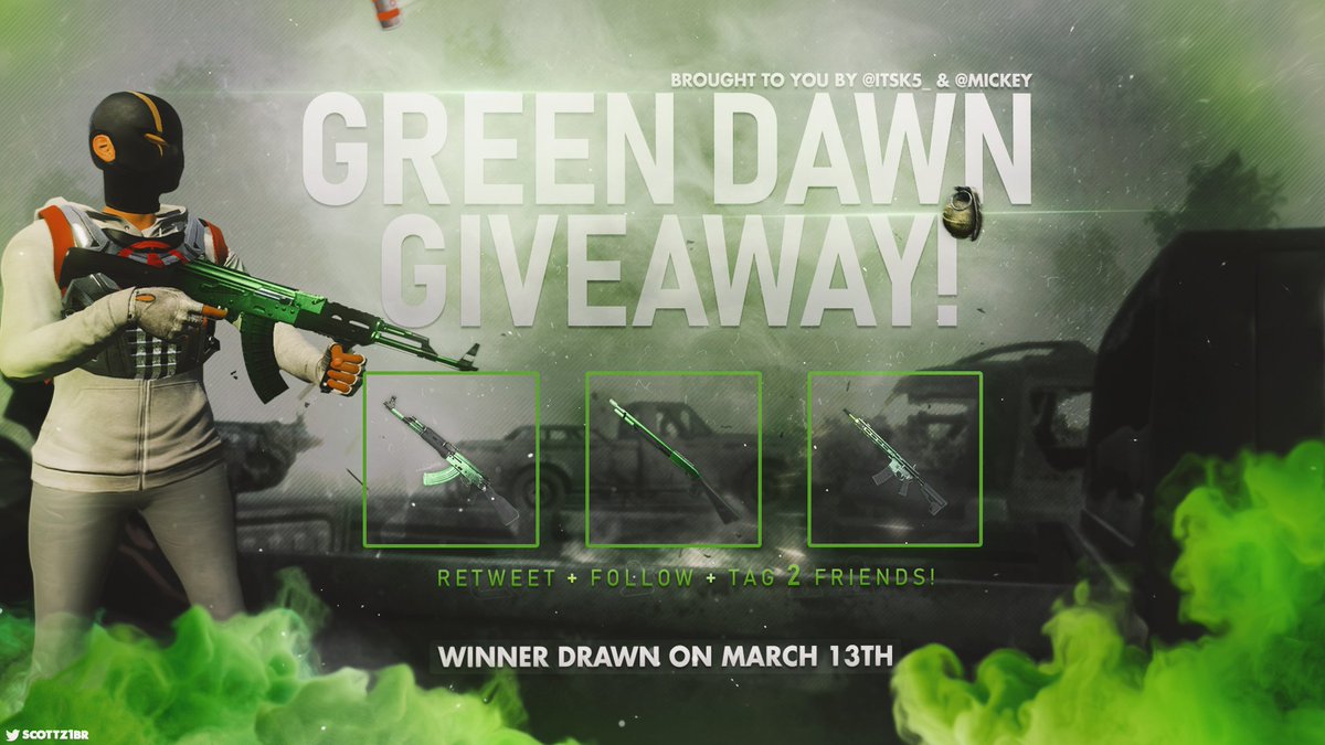 GREEN DAWN SET GIVEAWAY!

To celebrate the exciting release of the Z1BR season 3 update, one lucky winner will receive the full GREEN DAWN skin set!

FOR A CHANCE TO WIN:

- Follow <a href="/ItsK5_/">ItsK5</a> &amp; <a href="/Mickey/">Mickey</a> 
- Retweet &amp; Like
- Tag 2 friends

Winner will be drawn on March 13th! Good luck!