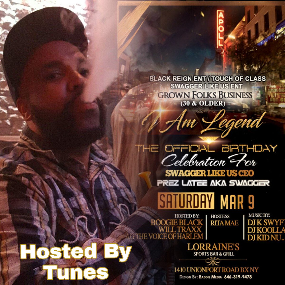 SATURDAY March 9th 
           At
Lorraine's Sports Bar &amp; Grill 
Grown Folks Business 
Hosted by <a href="/IamBoogieBlack/">Boogie Black</a> 
<a href="/thevoiceofthec1/">WILLTRAXX</a> <a href="/voiceofharlem1/">TheVoiceOfHarlem</a> 
Music by <a href="/DJKSWYFT/">Kemuel Johnson</a> <a href="/djkidnu/">Djkidnu Talkofnewyork</a> <a href="/DjKoollaid/">dj koollaid</a>
