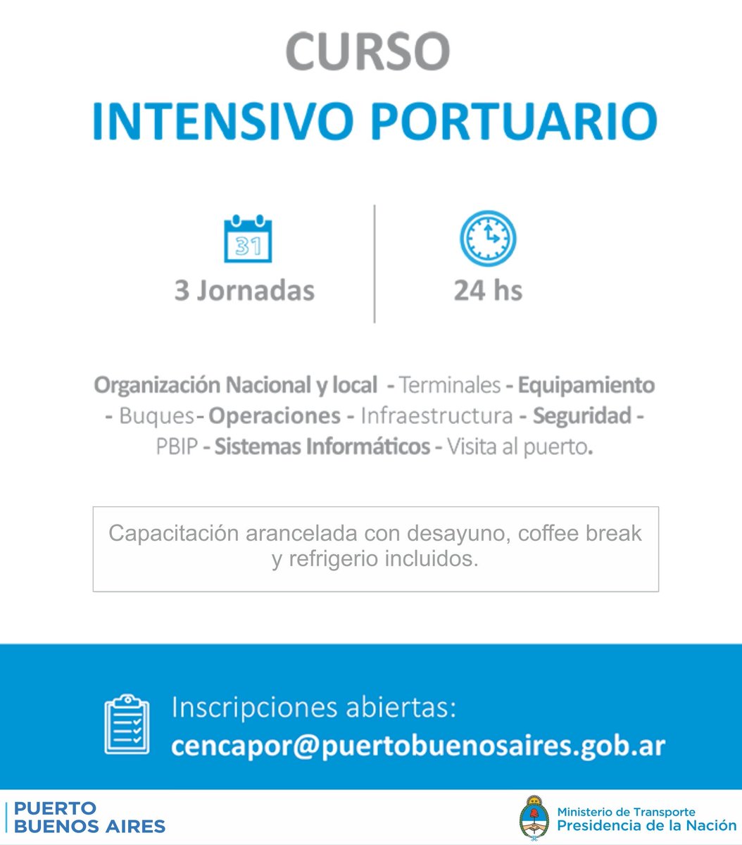 AGPuertos's tweet photo. Ya abrimos las inscripciones para el Curso Intensivo Portuario que se dictará del 26 al 29 de marzo en #CENCAPOR. Más información 👉🏻cencapor@puertobuenosaires.gob.ar https://t.co/AxrHRxbDsD