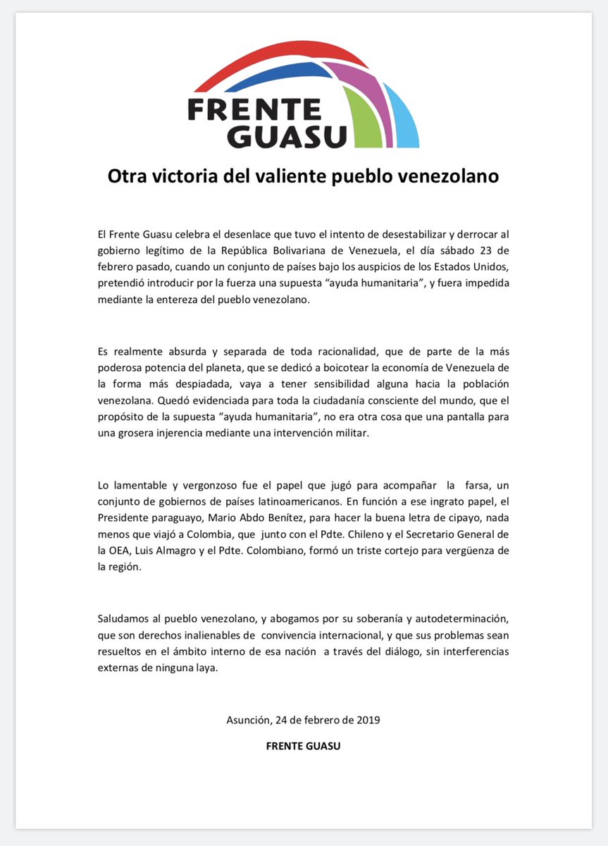 rrii_fg's tweet photo. Otra victoria del valiente pueblo venezolano!
El Frente Guasu celebra el desenlace que tuvo el intento de desestabilizar y derrocar al gobierno legítimo de la República Bolivariana de Venezuela, el día sábado 23 de febrero pasado. #HandsOffVenezuela
#ManosFueraDeVenezuela https://t.co/wEHxLotkwq