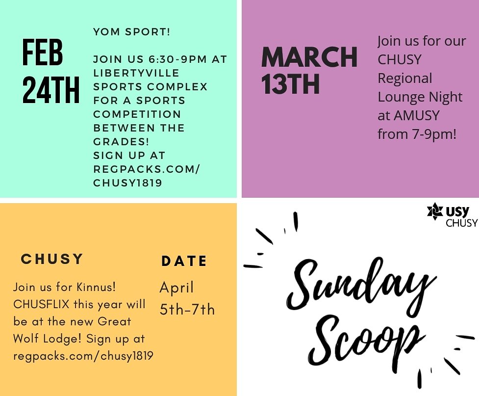 CHUSYRegion's tweet photo. Hey CHUSY! Check out this week's regional edition of the Sunday Scoop! Join us today for Yom Sport and we cannot wait to see you all again at RLN and Kinnus! https://t.co/djBHmyANOM