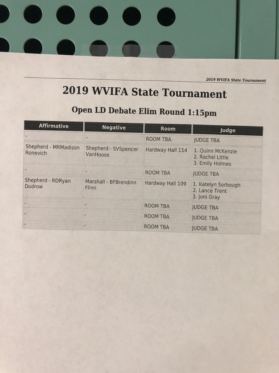 Shepherd_DF's tweet photo. Congratulations to Ryan, Miranda, and Madison for earning perfect records in Prelims! Shepherd breaks 3 to LD Semifinals! The WV State title round awaits! #speak #debate https://t.co/uc4ohLcN2X