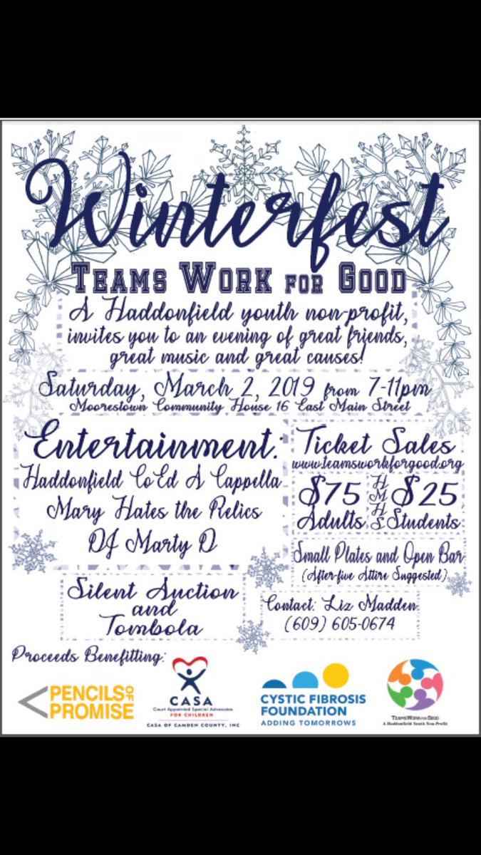 Teams4Good's tweet photo. Winterfest 2019 is March 2 @ 7pm!! Read flyer below for more detail 👇👇
Come for live music, great food, and support of wonderful charities! 
Don’t miss out on a great night❄️ https://t.co/yXDh4bYojE