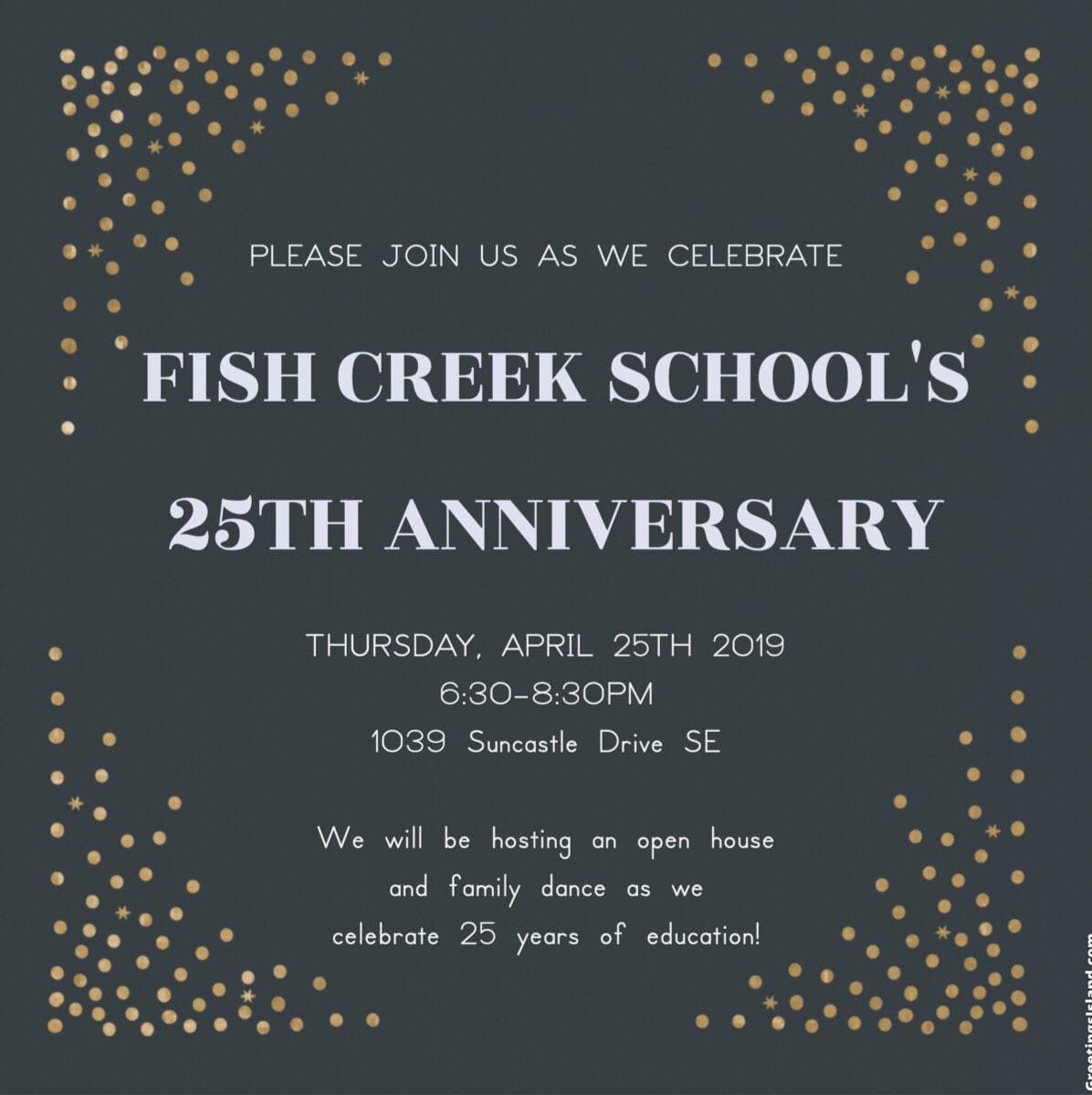 Fish Creek School is getting ready to party. All former students, staff and families are invited to join us on April 25 as we celebrate our school’s 25th Anniversary. Please help spread the word. #FCSinspired #FCSturns25 #WeAreCBE