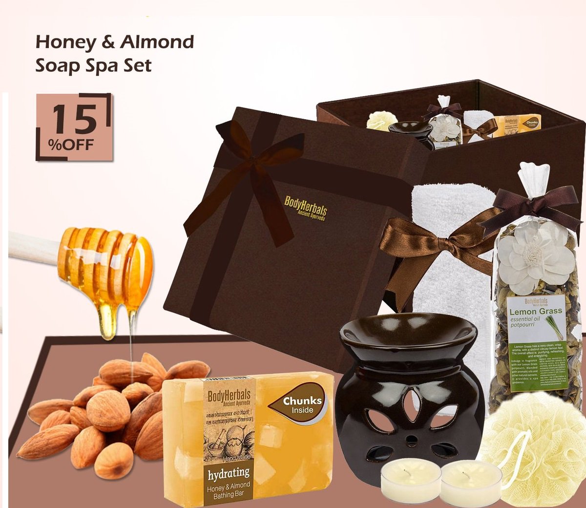 SpaSpade's tweet image. Surprise your dear ones and friends by gifting Honey and Almond Soap Spa Set. So they can take spa experience at home.   #BodyHerbals #SkinCare #PersonalCare #Soap #Diffuser #SpaEssentials #Fragrance #Spa #Aromatherapy