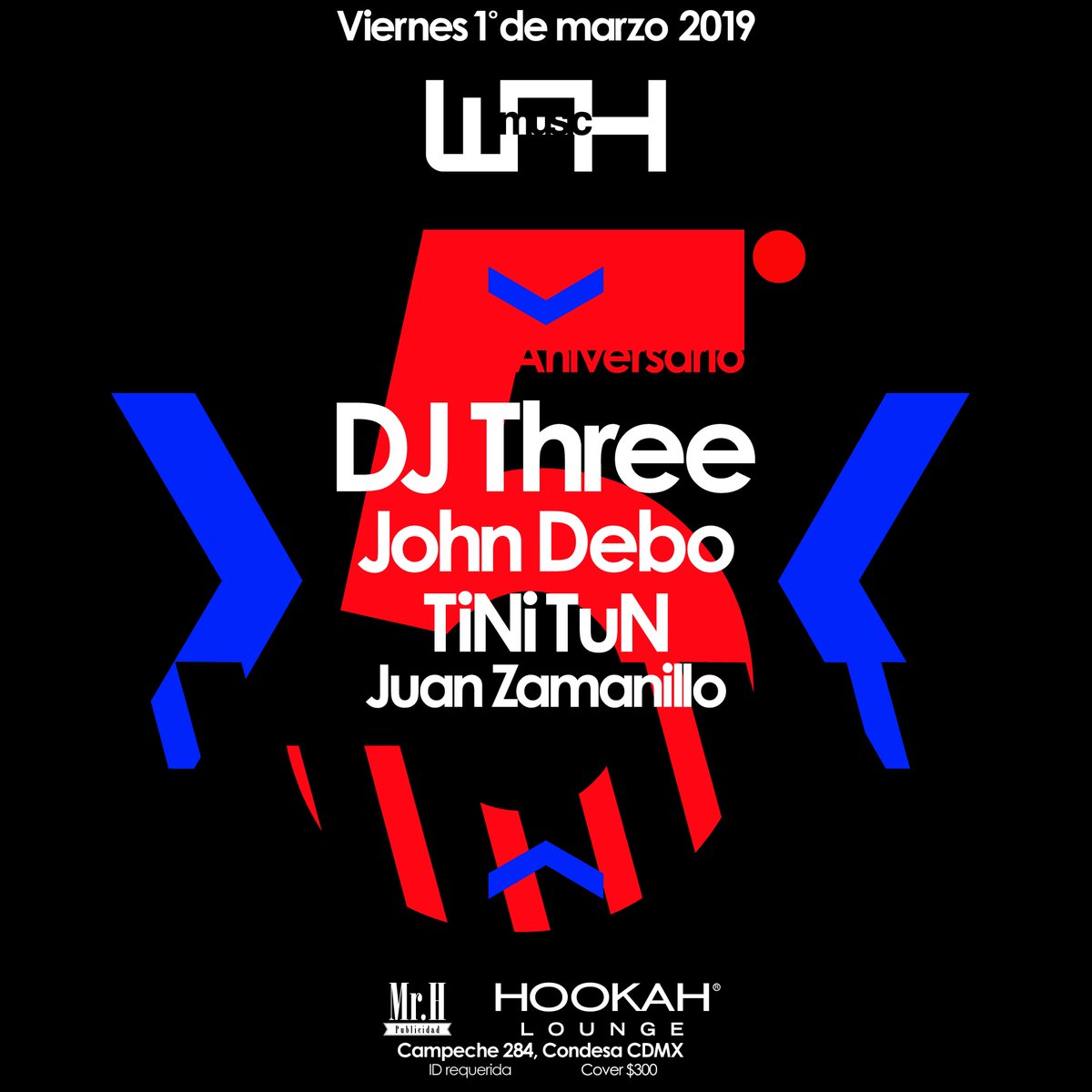 Viernes 1 de Marzo 
5o Aniversario <a href="/WeAreHereMusic/">We Are Here Music</a> en <a href="/GrupoHookah/">Hookah</a> Lounge Condesa
<a href="/DJThreeOFC/">DJ THREE</a> (Day Zero, Hallucienda)
@johndebo (Mindwarp Records, Boston)
<a href="/tinitun1/">TiNi TuN</a> 
<a href="/juanzamanillo/">juanza manillo</a> 
Preventas limitadas $200 pesos 
Ximena: 984 158 9996
Ninna Vignati: 55 4183 2725
Cover $300 pesos