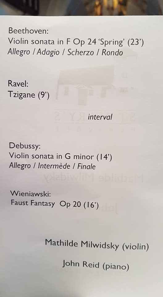 StMarysPerivale's tweet photo. A delightful Sunday afternoon concert today - with Mathilde Milwidsky (violin) and John Reid (piano) playing Beethoven's 'Spring' sonata and other works by Ravel, Debussy and Wieniawski. Very nice to welcome too a sizeable Polish audience on this glorious Spring-like day. https://t.co/cCj2MwMuoM