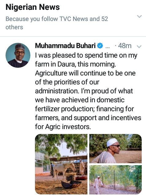The_Seeker76's tweet photo. "I am pleased to spend time on my farm in Daura this morning"- GMB

The Seeker: That is where you should be, where you belong

That is where you're going to continue to be till Almighty Allah calls you to Himself; that is if @IntlCrimCourt doesn't call you first!

#Back2Daura https://t.co/lCHfj2mVud