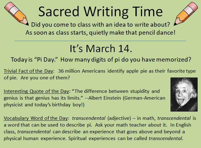 WritingFix's tweet photo. #PiDay is coming! We have a #SacredWritingTime slide for your students, and a Pi Poetry challenge for those of you teaching your cross-curricular hearts out: https://t.co/rspRjfblof Check out our TPT store for the SWT Slides: https://t.co/vWcaj1vHuk https://t.co/aBTGVqnoRj