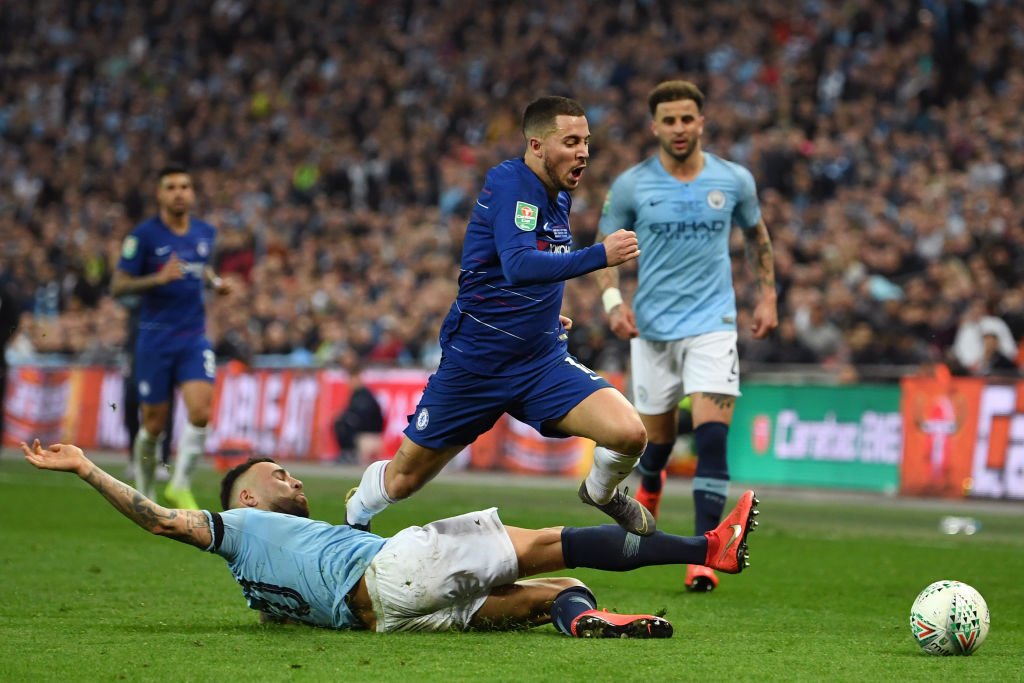 Squawka's tweet photo. Eden Hazard won six fouls against Man City, just one fewer than all Man City players won combined. 

One man can only do so much. https://t.co/TjlWganwLl