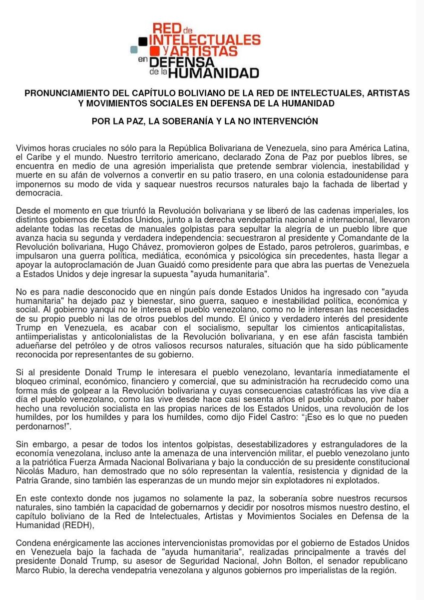 REDHBolivia's tweet photo. Presidente de #Bolivia y miembro fundador de la Red en Defensa de la Humanidad, @evoespueblo, encabeza el pronunciamiento del capítulo boliviano de la REDH por la paz, la soberanía y la no injerencia

@NicolasMaduro @humanidadenred @edhcuba @FBuenAbad

https://t.co/maNsTNwjet https://t.co/Pg4DpVQcEj