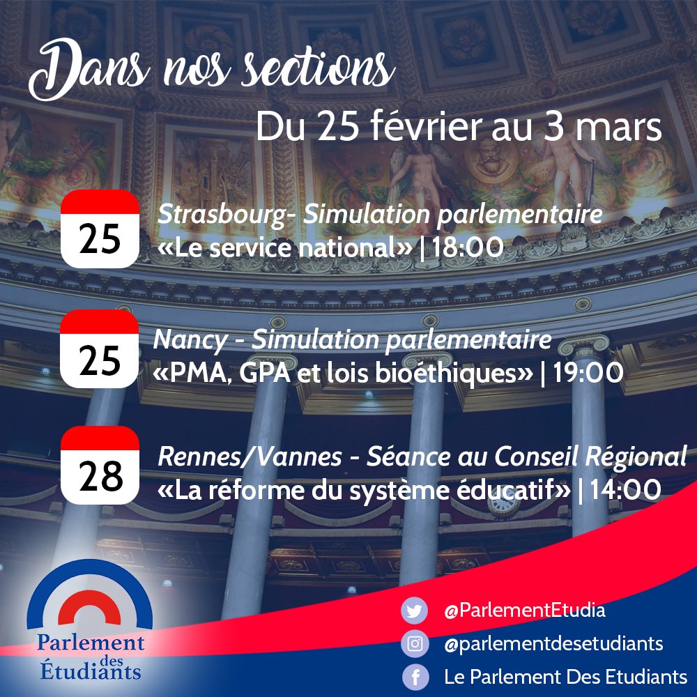 ParlementEtudia's tweet photo. Que se passe-t-il cette semaine dans les sections ? 🤔 

Nous vous avons fait un récapitulatif ! 😍

N’hésitez pas à vous rendre sur notre page Facebook pour avoir les détails des événements ! https://t.co/mMxFIq9hMK