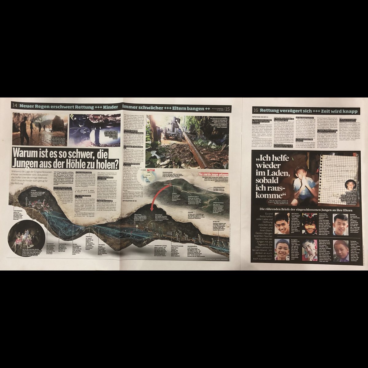 SND's tweet photo. SILVER MEDAL: Goes to Bild am Sonntag for
"Why is it so hard to get the boys out of the cave?"
These pages about the rescue operation for the soccer team in Thailand defines how breaking news design should be done. #SND40 https://t.co/BUkzVARoKT