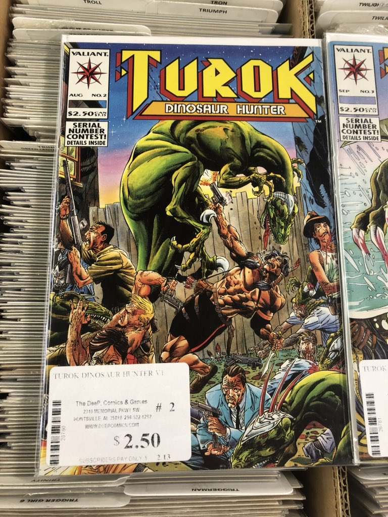 _CollectingDust's tweet photo. Retro Nite starts at 7:30 PM CST tonight! But while your waiting, check out some comics we found lying around at @TheDeePComics #turok #dinosaurhunter #sonofstone https://t.co/qauZoyCuqa