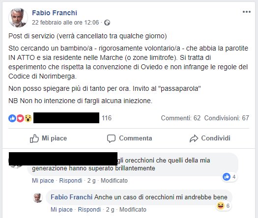 MedBunker's tweet photo. Questo medico, guru antivax e in passato negazionista dell'AIDS, cerca un bambino per fare esperimenti, così, su Facebook. Ecco cosa significa "sono pericolosi". @MinisteroSalute 
PS: È talmente esperto che non sa nemmeno che parotite e orecchioni sono la stessa cosa. https://t.co/DpgrY2d9ig
