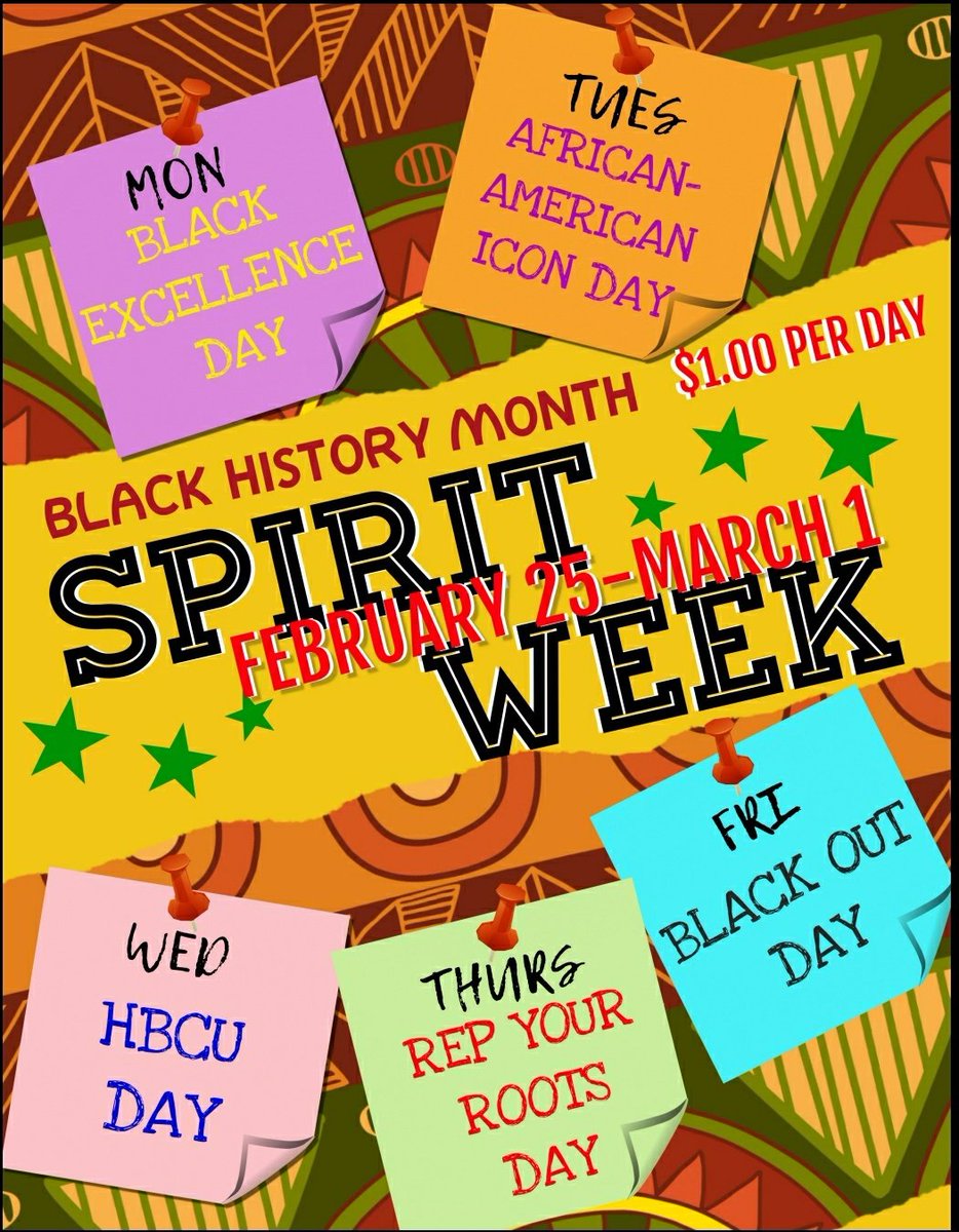 The last week of #BlackHistoryMonth is upon us, and we are rounding it up with a spirit week! $5.00 wristbands will be sold tomorrow ONLY (2/25/2019) to participate for the week! You MUST follow MDCPS dress code -No sandals, open toe shoes, shorts, tights, torn jeans may be worn.