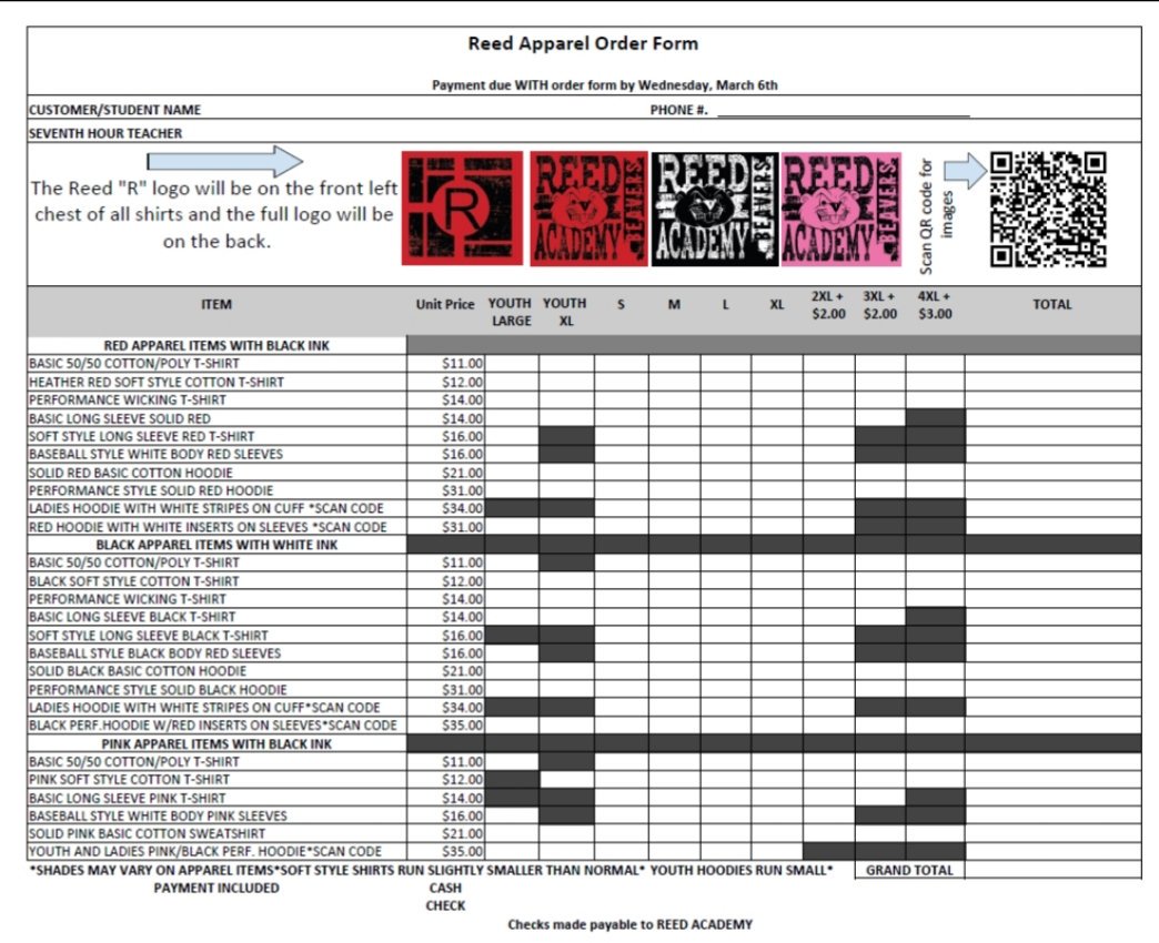 <a href="/ReedAcademy1/">Reed Academy</a> Don't forget o order your Reed Academy apparel. Order forms and money are due to Mrs. Buff by March 6th. #WeAreREED