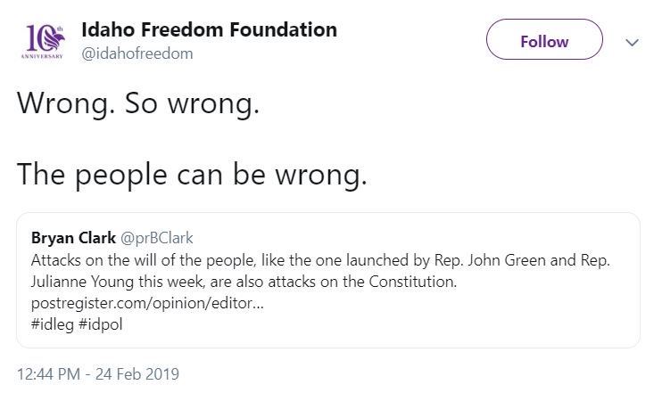 AngryNIdaho's tweet photo. THE PEOPLE OF @idahofreedom ARE *NEVER* WRONG!
#BecauseFREEDOM #NeverWrong #idleg #idpol #NoHealthcare4Poors #Blocked4Freedom https://t.co/jcIq80hM3o