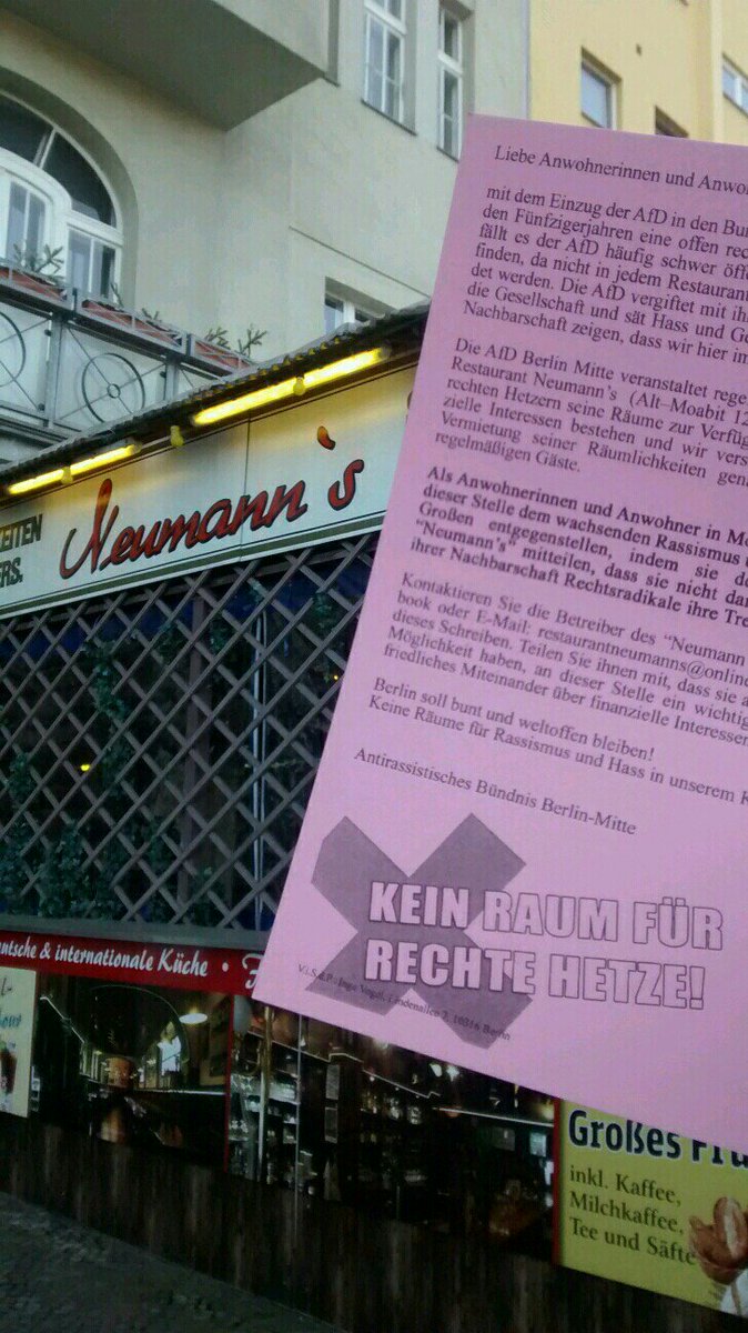 noafdberlin's tweet photo. Am letzten Wochenende haben Aktivist*innen dem #AfD offenen #Restaurant #Neumanns und seiner Umgebung einen Besuch abgestattet und Flyer hinterlassen. Wir fordern nach wie vor: Raus mit der AfD aus dem Neumanns!
#noafd #keinraumderafd #antifa https://t.co/JWLhP1fAb2