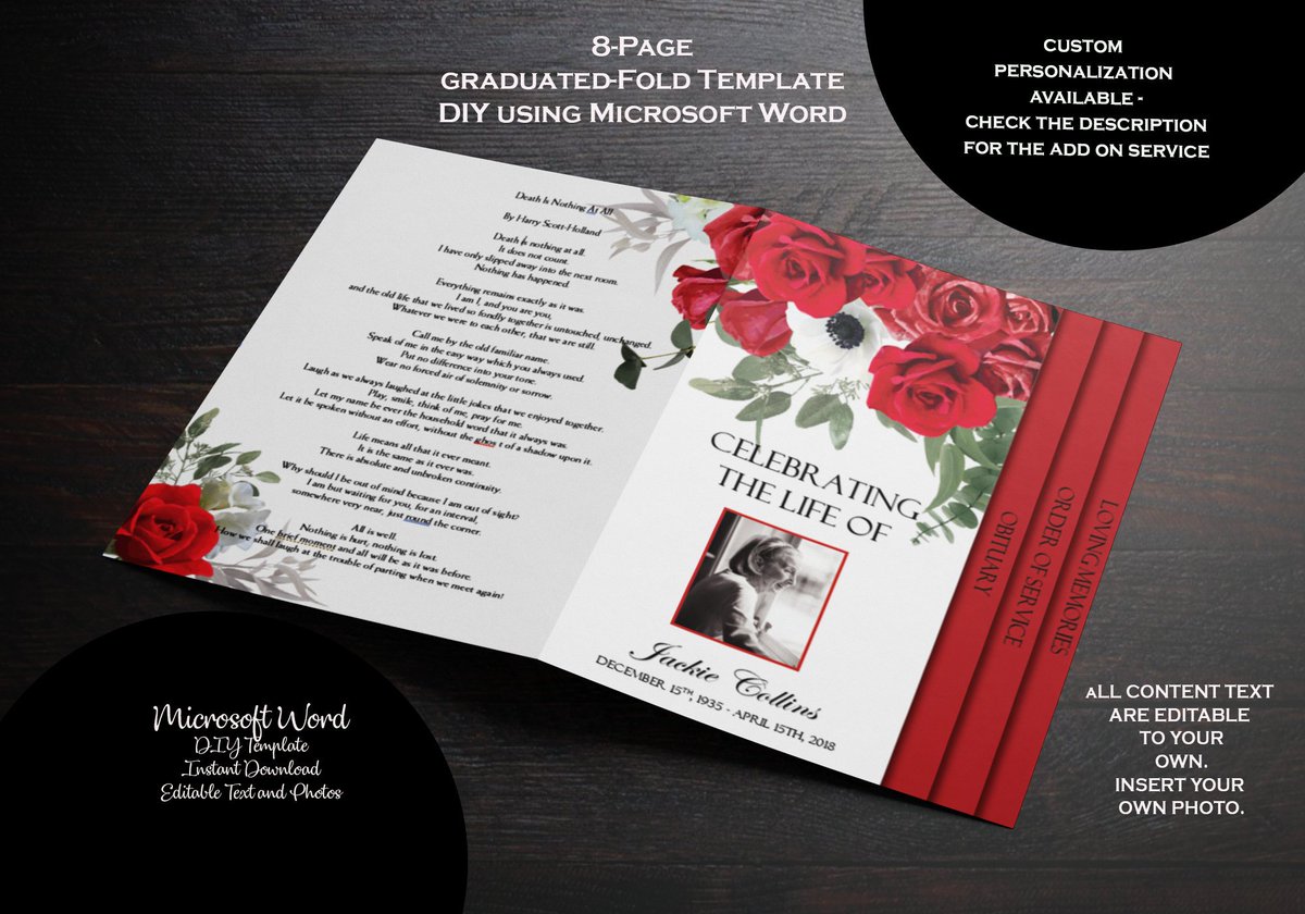 PDDClipArt's tweet photo. Funeral Program Template | Graduated Fold Funeral Program | Memorial Program Template | Red Roses https://t.co/ull2QgGelN #graduatedfold #8page #funeralprogram #memorialprogram #funeraltemplate #churchprogram #redroses #massprogram https://t.co/lm7eMIgbsv
