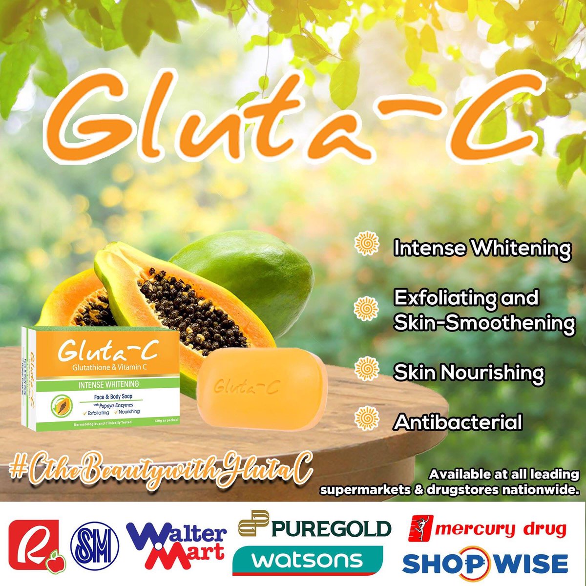 Thalerabox's tweet photo. Combined with Papaya enzymes, @GlutaCph Face &amp; Body Soap lifts away dead skin cells without stripping away moisture. The addition of Pro-vitamin B5 and Allantoin provides skin nourishment, revealing a newer,younger and healthier skin. #CTheBeautywithGlutaC now! https://t.co/eISllvx8yK