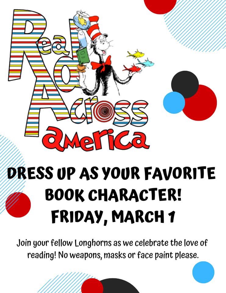 WilmethLonghorn's tweet photo. Longhorns! The next theme day comes fast as it falls on Read Across America day! March 1st! #TeamWilmeth #Wilmeth https://t.co/4gCuTIvYt3