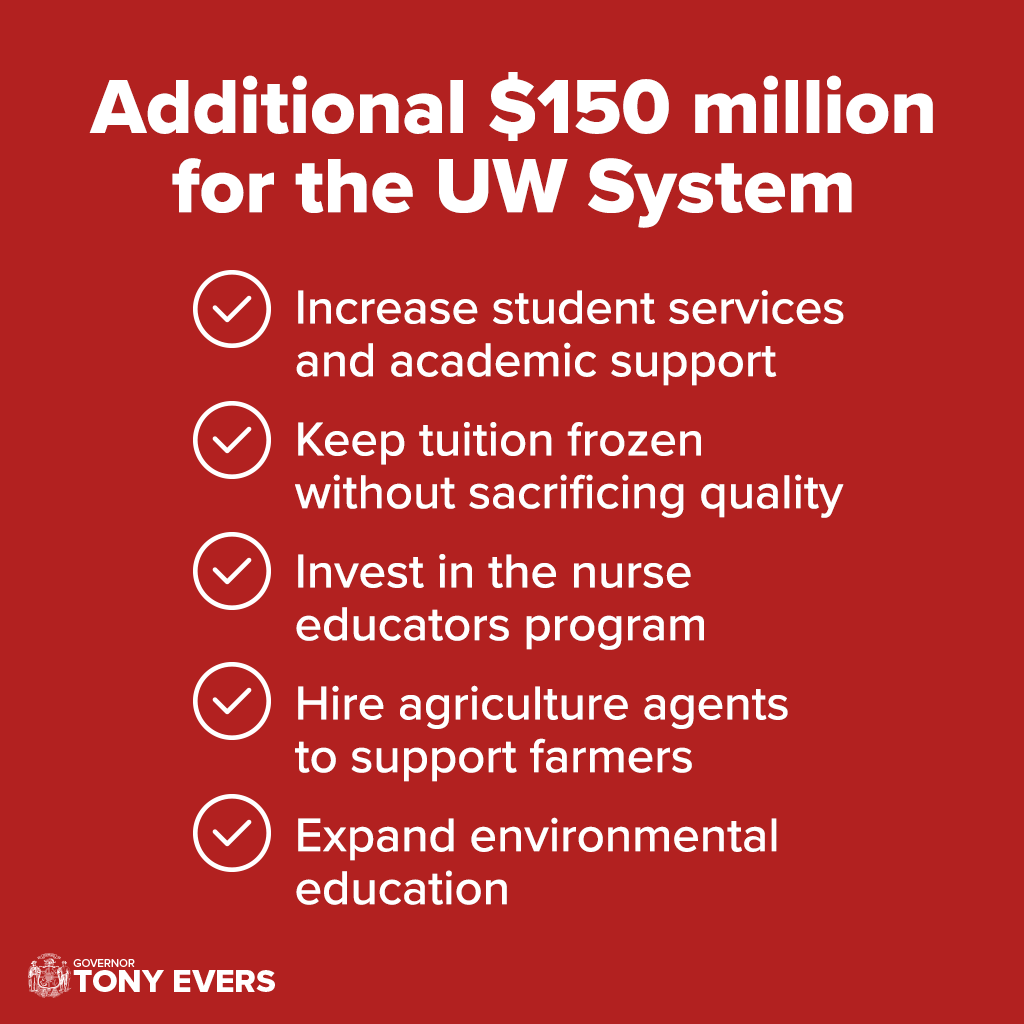GovEvers's tweet photo. It’s time we start reinvesting in the UW System. With an additional $150,000,000 in funding over two years, we’re going to support campuses across our state and keep the Wisconsin Idea strong. https://t.co/v7oAEuQpbG