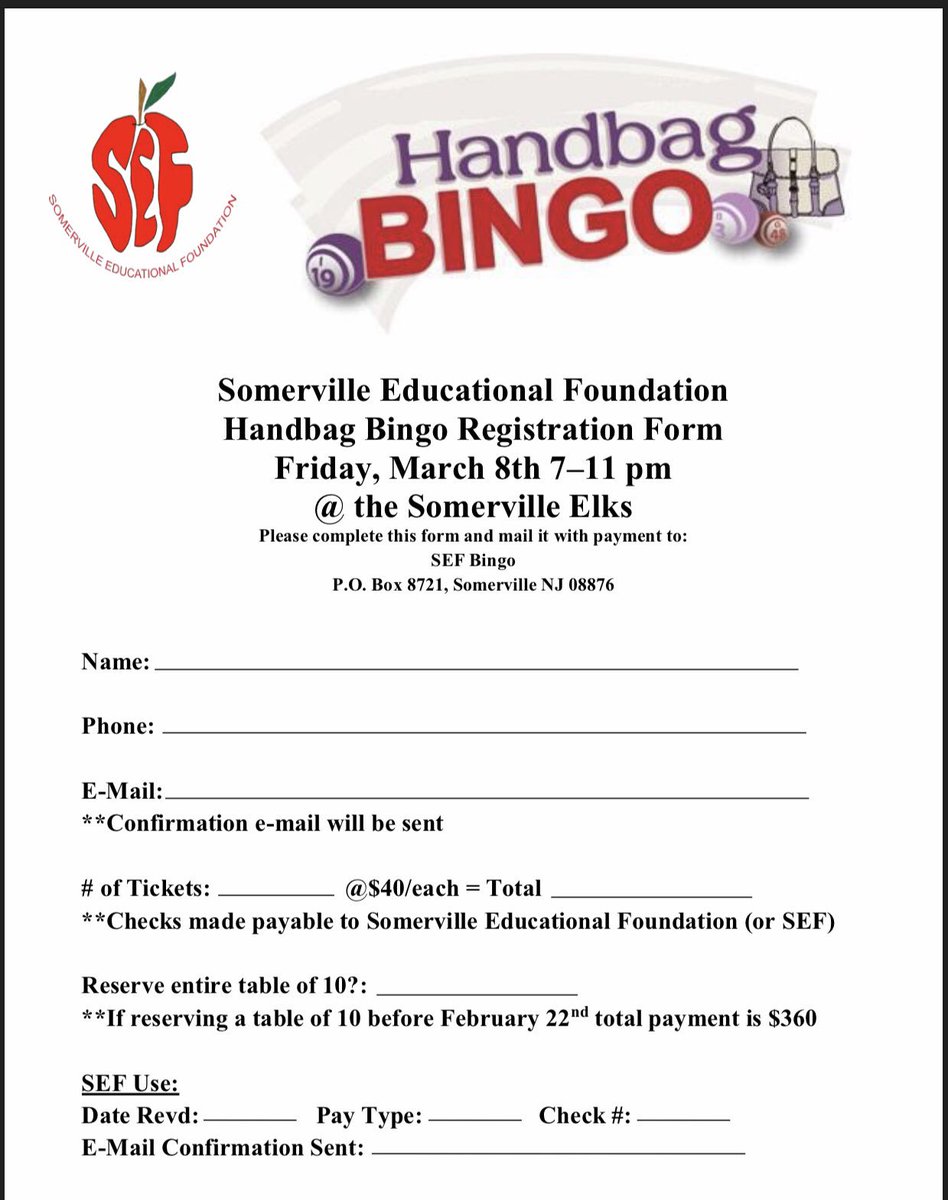 Registration is now open for the SEF’s  Annual Handbag Bingo Friday March 8th at the Somerville Elks! Tickets are $40.00 in advance or $45.00 at the door.  #allin4theville @VDVprincipal @vdv3to5 <a href="/GBoulegeris/">Georgette</a> <a href="/GFoleySHS/">Gerard Foley</a> @Ville_Sup