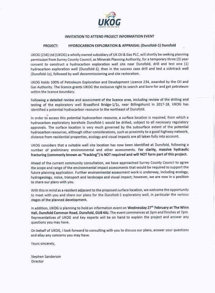 GodalmingCommu1's tweet photo. UK Oil&amp;Gas (UKOG) are proposing to drill an exploratory well near Dunsfold-they identified 'hydrocarbon resources'.
They claim this is not fracking but it sounds similar. This will industrialise the rural area and cause significant harm to the environment. @WaverleyBC https://t.co/1Ea5cVW2rO