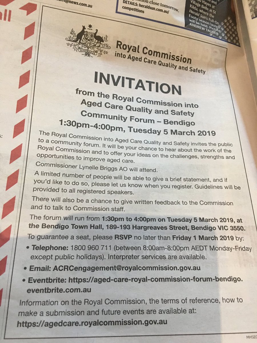 CLAN_AU's tweet photo. #RoyalCommission into Aged Care Quality &amp; Safety Community Forum to be held in #Bendigo Tuesday 5th March 1.30-4pm 
We need to be telling RC #agedcare about #CareLeavers greatest fear - being Re abused in #NursingHomes #ElderAbuse  ⁦@SquigglyRick⁩ https://t.co/GbEl2KhtcW