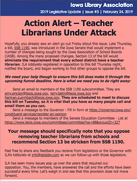 MirandaKral's tweet photo. IA Teacher Librarians need support! Bill SSB 1190 affects teacher librarians (&amp; school nurses). It strikes language that districts "shall have" to "may have" a teacher librarian. TLs impact student learning. If you feel as I do, please consider contacting those involved. #iowatl https://t.co/m0hdpJUFMl
