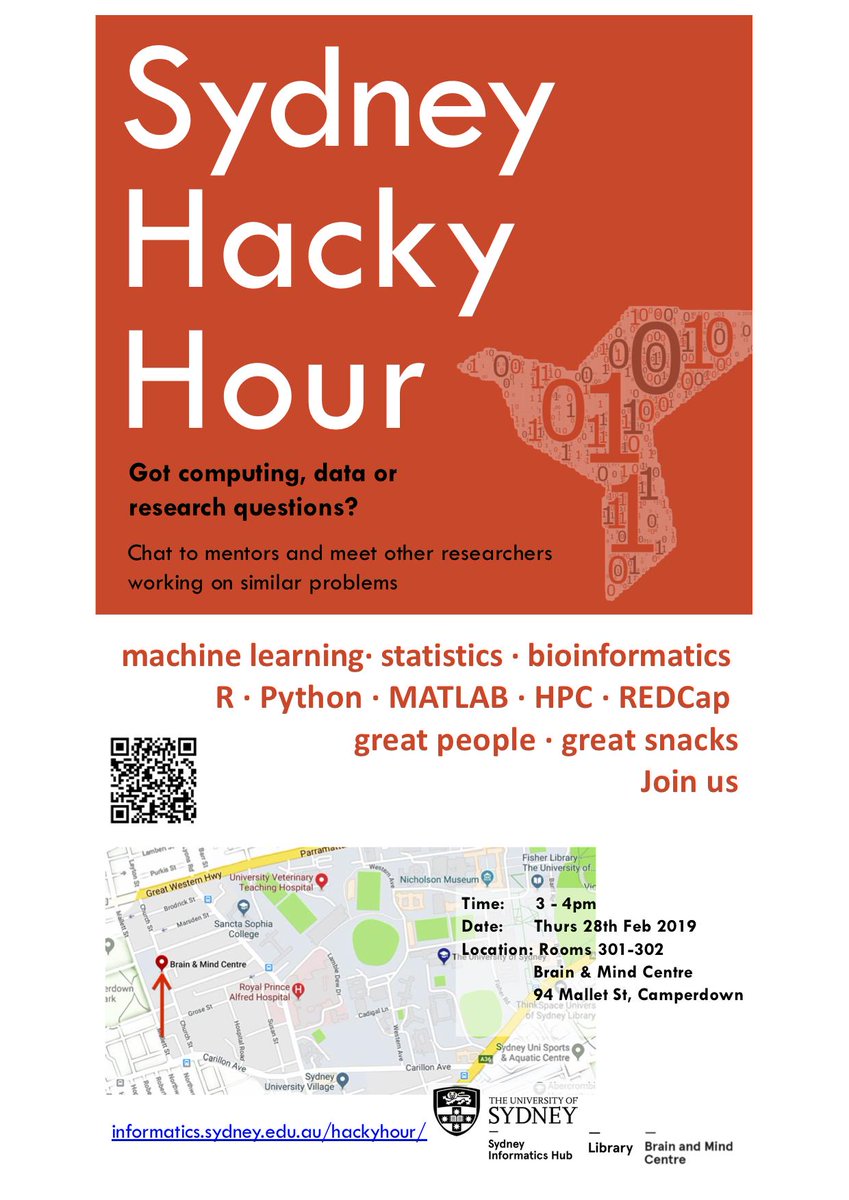 Sydney_CRF's tweet image. #SydInformatics #HackyHour is on this Thursday, 3-4 pm, Room 301 at @BrainMind_Usyd.
Bring us your research related problems and we’ll have ppl from our #Statistics, #DataScience and #datamanagement teams ready to help you then and there. Cya Thursday!
@Sydney_Science @syd_health