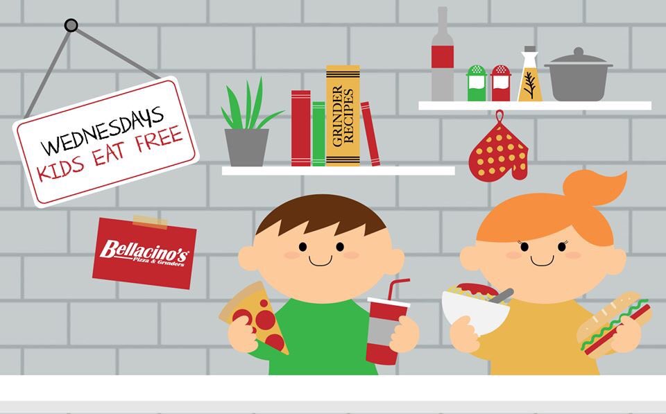 👨‍👩‍👧‍👦 Make Bellacino's your new family dinner spot! 

🥤Kids eat FREE every Wednesday with the purchase of a regular priced adult entree &amp; drink 

Offer valid Wednesday. Dine in and Carry Out only.  Cannot be combined with other offers.  See store for details.