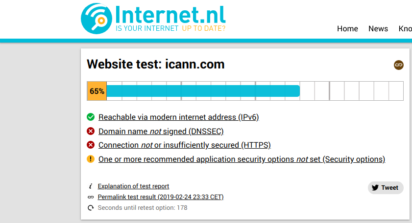 pcarboni's tweet photo. I ran just now this website test that includes a #DNSSSEC test. 🙄 ( URL: https://t.co/2RPwyTWATy ) from @internet_nl. cc: @ICANNdnsEng. (Credits: tweet from @__agwa and response from @Scott_Helme ) https://t.co/VDlPPlQ1kA