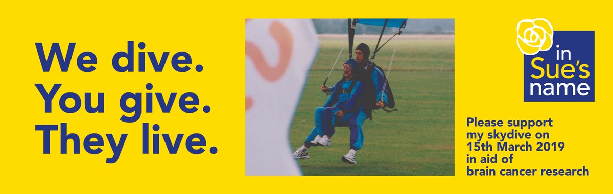 At the age of 77 I am jumping out of a plane on March 15th in memory of our beautiful daughter Sue with 50 others raising money for #BrainTumourResearch.
Help us fund a Research Student at the #BlizardInstitute to donate please click on the link totalgiving.co.uk/mypage/Skydive… … #London