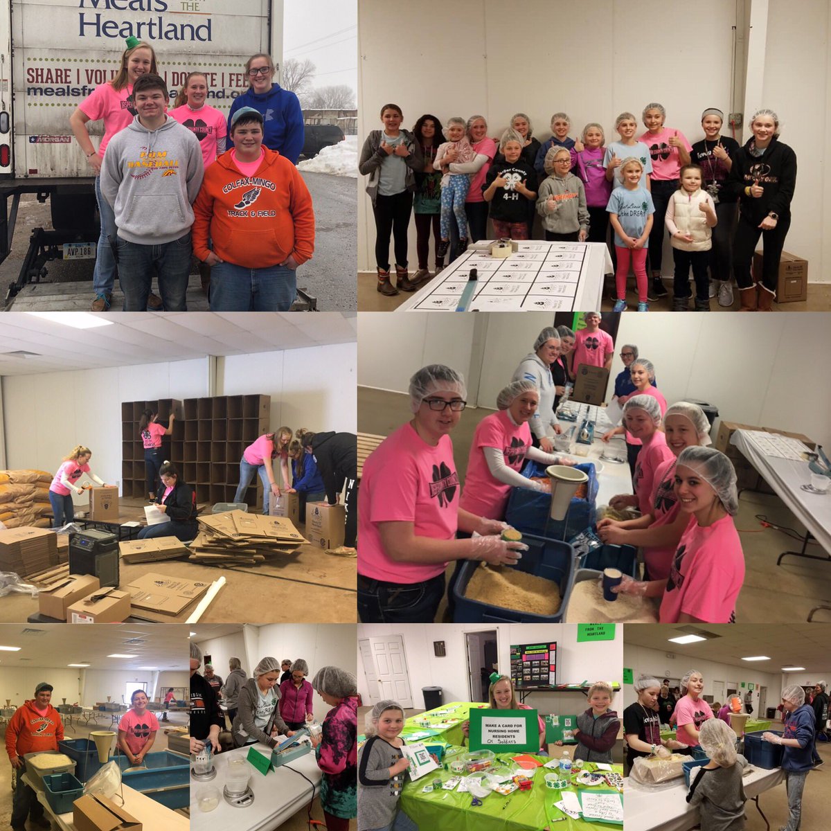Colfax-Mingo 4th-12th graders  in 4H (and their younger siblings) participated in the annual Meals From The Heartland at the Jasper Co Fair Grounds. Students packaged over 30,000 meals and made St. Patrick Day cards for nursing home residents and soldiers! More fun than work🍀😁