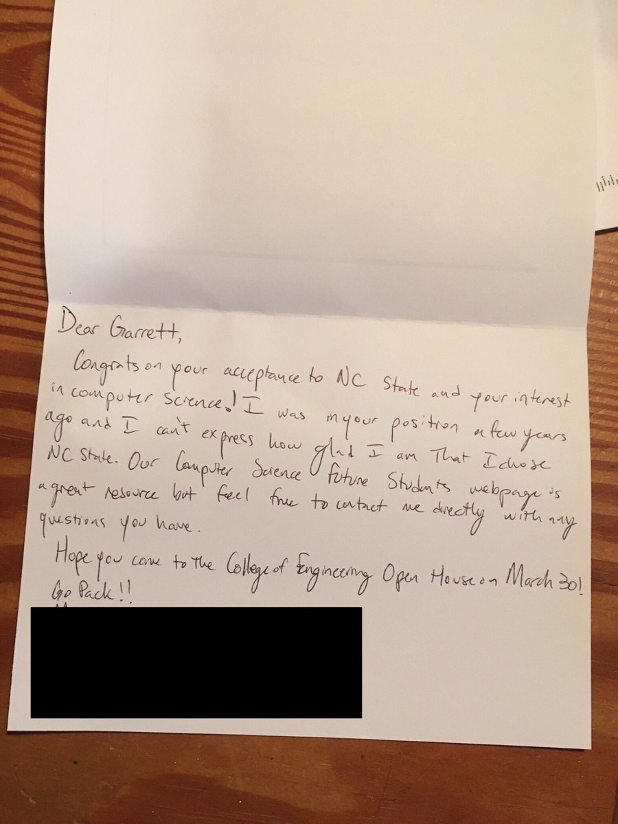 lw_monk's tweet image. G’s been admitted to NCSU and the CSC Program...hasn’t committed yet...but how awesome he received a handwritten note from a CSC Student Ambassador! #proudmom #futureprogrammer #futuregamedeveloper #gamedevelopment #ncsu23