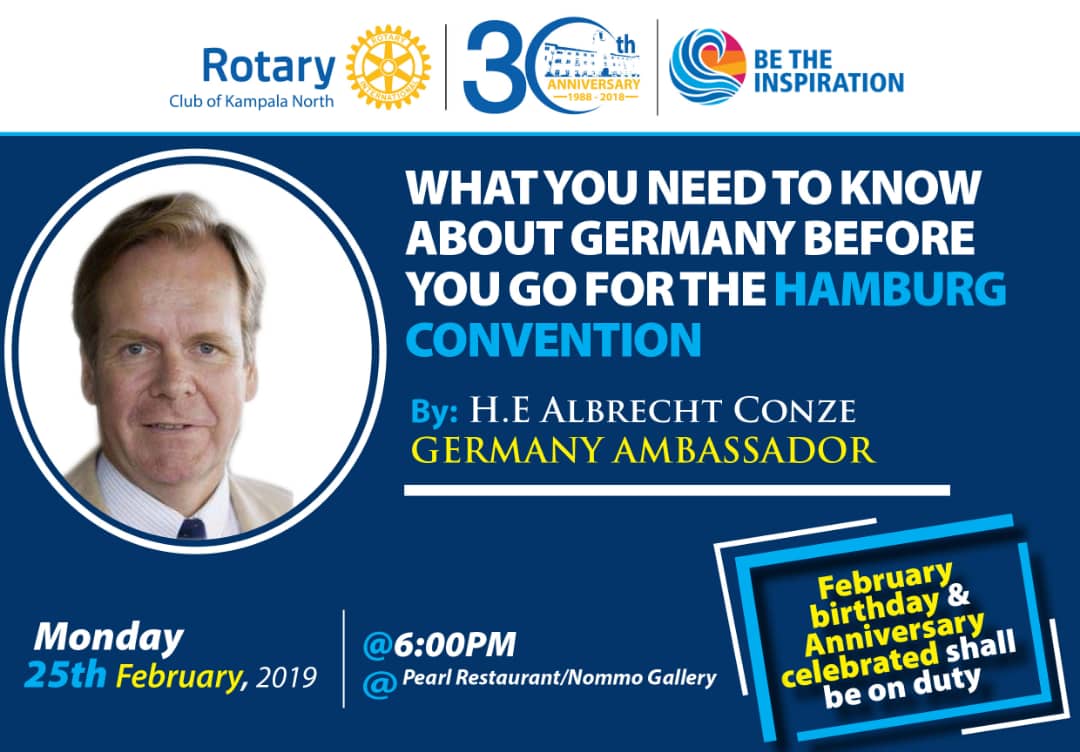ssendis's tweet photo. Join Rotary Club of Kampala North at their fellowship today 6:00PM of Feb 25 at Nommo Gallery as we host the Ambassador of the Germany. 
Early arrival advised. https://t.co/7HURiUKdia
