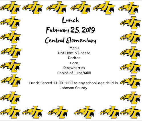 JC_Schools's tweet photo. Lunch will be served February 25th from 11:00-1:00 at the following locations:  Johnson Central High School, Central Elementary, Flat Gap Elementary, and Porter Elementary. https://t.co/AGHlx5OMUh