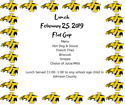 JC_Schools's tweet photo. Lunch will be served February 25th from 11:00-1:00 at the following locations:  Johnson Central High School, Central Elementary, Flat Gap Elementary, and Porter Elementary. https://t.co/AGHlx5OMUh