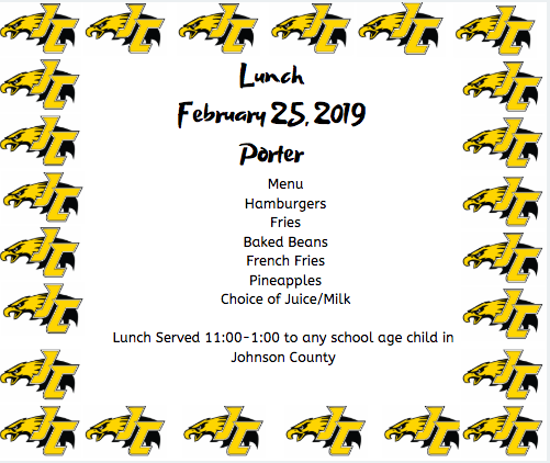 JC_Schools's tweet photo. Lunch will be served February 25th from 11:00-1:00 at the following locations:  Johnson Central High School, Central Elementary, Flat Gap Elementary, and Porter Elementary. https://t.co/AGHlx5OMUh