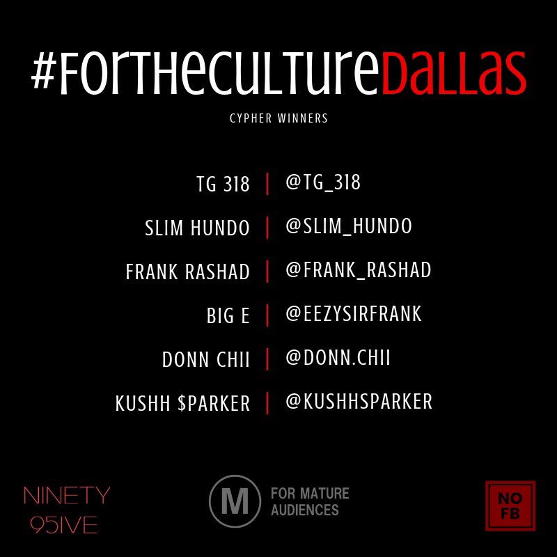 trustnofb's tweet photo. NOFB Radio, in collaboration with @Ninety95ive, have selected the following artists to participate in our #ForTheCultureDallas cypher!

Congratulations to @tg_318, @Slim_hundo, @frank_rashad, Big E (IG: @eezysirfrank), @donnchii, and @KushhSparker!

‼️ Stay tuned! April 2019 ‼️ https://t.co/TAwfmiZjFp