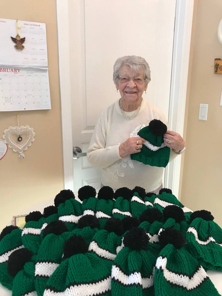 This 104 year old Great Grandma knitted hats for her great granddaughter's Team <a href="/goteamsask/">Team Sask</a> Ringette Team!! <a href="/ringettecanada/">Ringette Canada</a> Read Here: canadagames.ca/node/1806 Cette Grande Grandma de 104 ans a tricoté des chapeaux pour l'équipe de notre petite-fille.