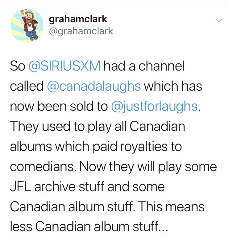 PFTompkins's tweet photo. Very disappointed to hear about @justforlaughs depriving Canadian comedians of revenue from royalties with their takeover of @canadalaughs on @SIRIUSXM. I’m going to write to them &amp; express this &amp; you can too: canadalaughs@siriusxm.ca https://t.co/wAK9hH9Kun
