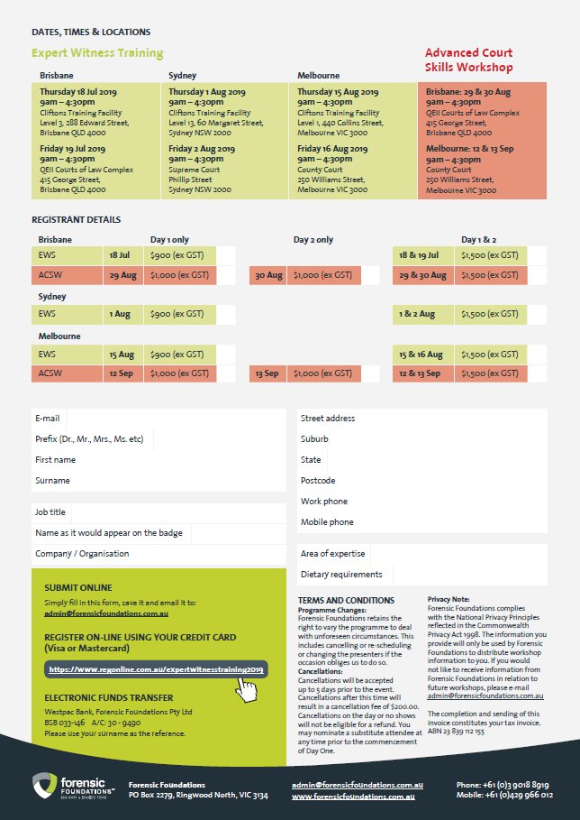 ForensicFoundat's tweet image. Check out our new flyer for the workshops we will be undertaking later this year. If you&apos;re new to giving expert evidence or experienced and want some practice - look no further!