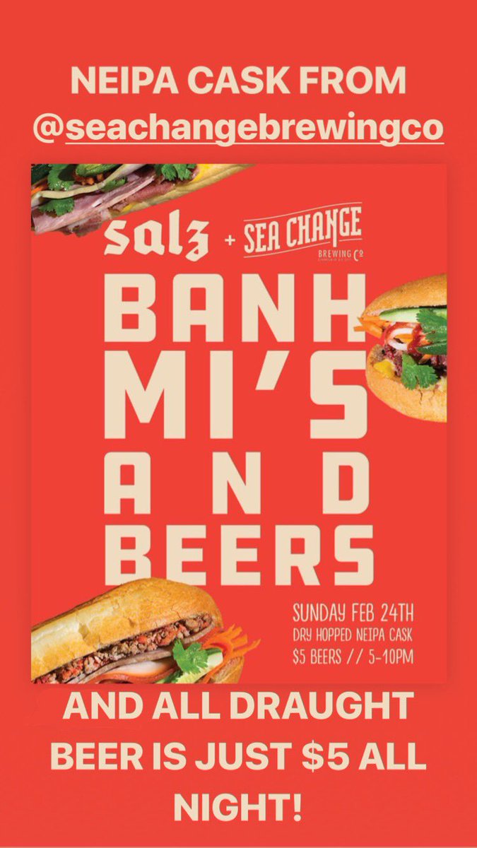 TONIIIIIIIGHT! BANH MI’S &amp; BEERS! Join us for an incredible dry hopped NEIPA cask from <a href="/SeaChangeBeer/">Sea Change Brewing</a> ! $5 all night!