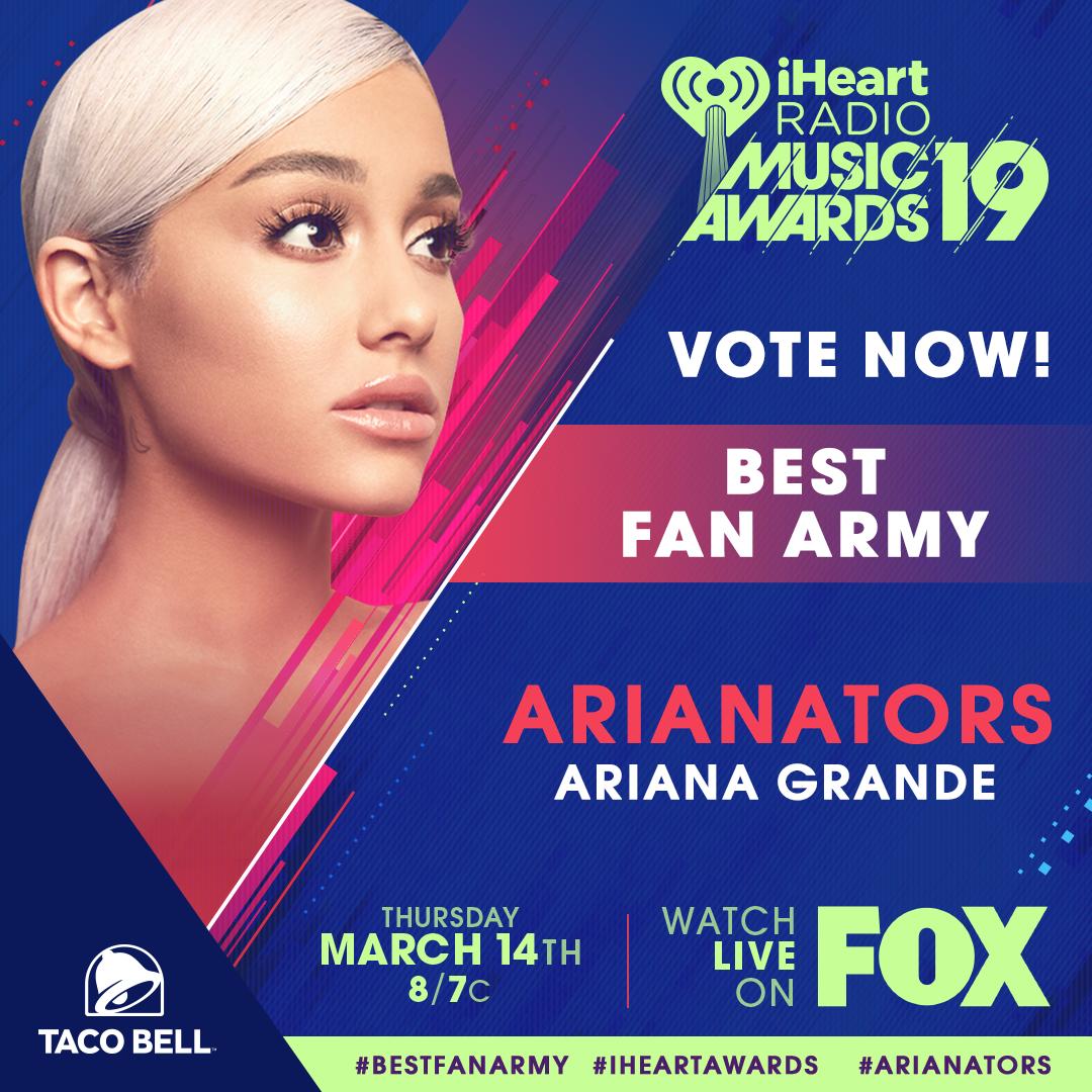 iHeartRadio's tweet photo. Hi #Arianators! 🖤 RT to vote for yourselves to win the @tacobell #BestFanArmy award and the chance to become a 'Guest DJ' for a day to play your faves! #iHeartAwards https://t.co/cZn5vQeyY5