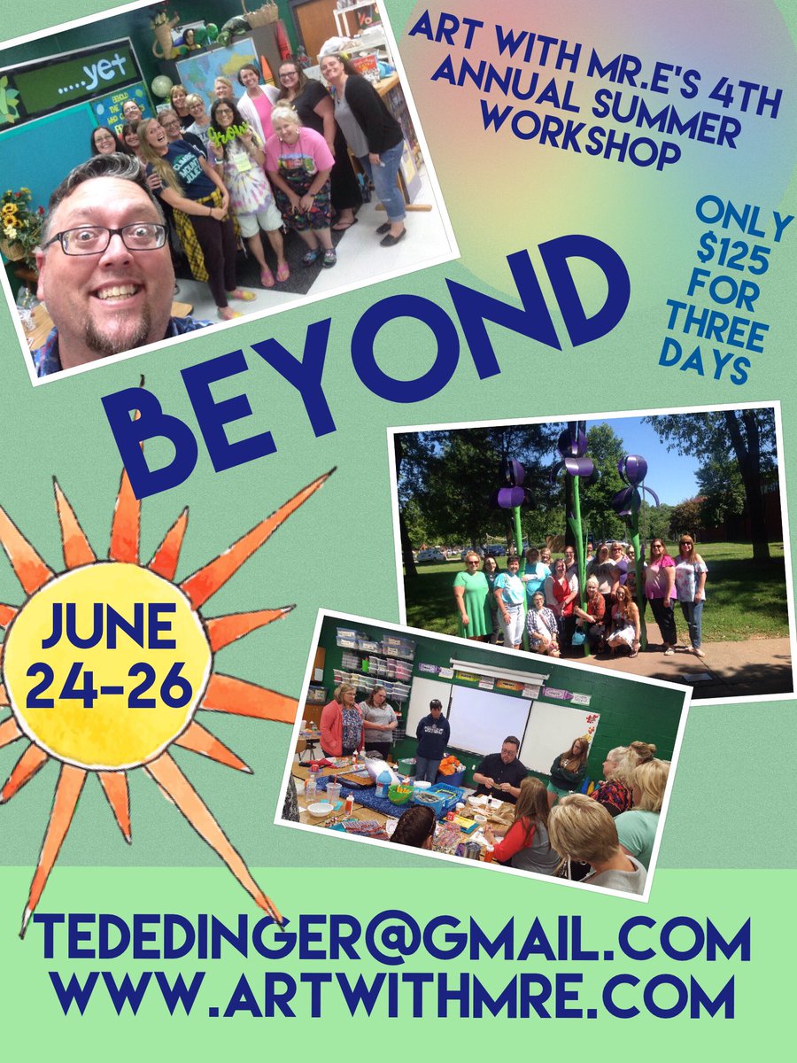 ArtWithMrE's tweet photo. Looking for a fun & content specific summer workshop!?Looking to spend three days with awesome art educators from a variety locations & grade levels?! Check out the 4th Annual Art With Mr.E Summer Workshop! #summerartpd #summerartworkshop https://t.co/ZJ9gGRDeZ2 https://t.co/D3rgURkL6e