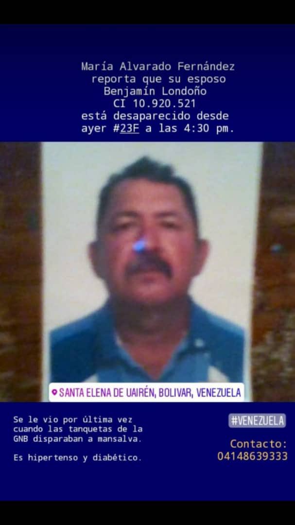 AmericoDeGrazia's tweet photo. Este es Benjamin Londaño desaparecido luego que las tanquetas del régimen dispararan contra los ciudadanos en #StaElenaDeUairen. https://t.co/OPYd8k8o0E